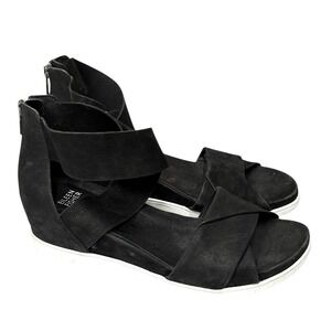 Eileen Fisher Viv Tumbled Black Nubuck Wedge Sandal Resort Travel Casual 9